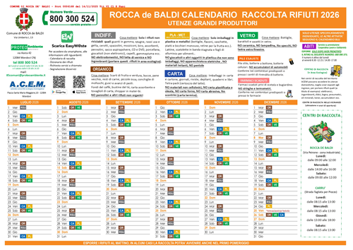 Calendario anno 2026 raccolta rifiuti porta a porta