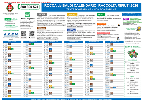 Calendario anno 2026 raccolta rifiuti porta a porta